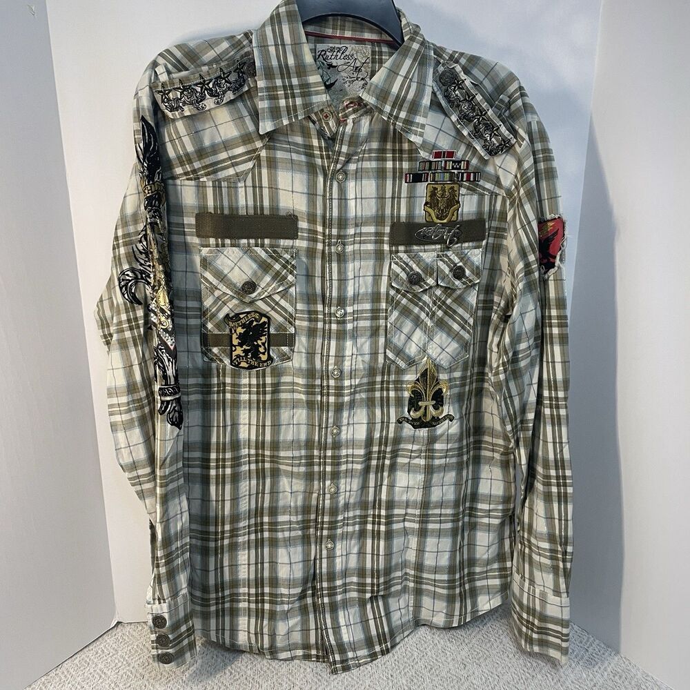 Ruthless Art Mens XL Long Sleeve Patch Metal Button Up Shirt